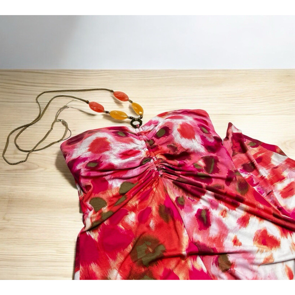 Strapless Pink & Red Ruched Summer Dress